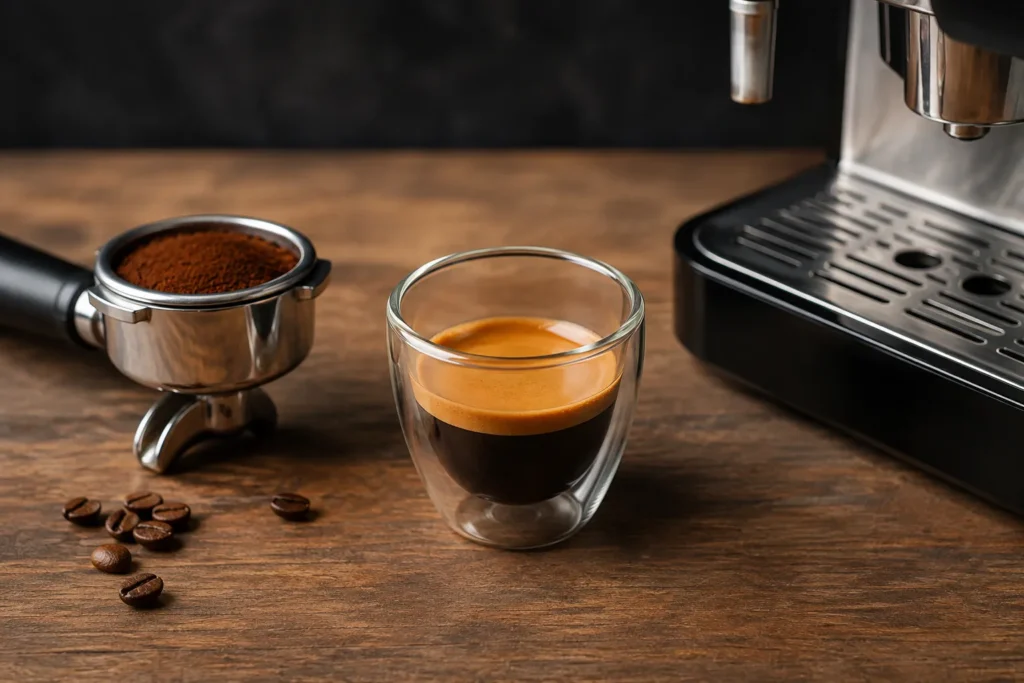 Single espresso with golden crema, coffee grounds, portafilter, and espresso machine