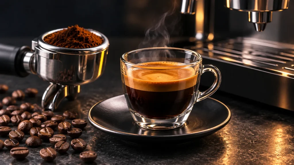 Double espresso with rich golden crema, roasted coffee beans, portafilter, and espresso machine