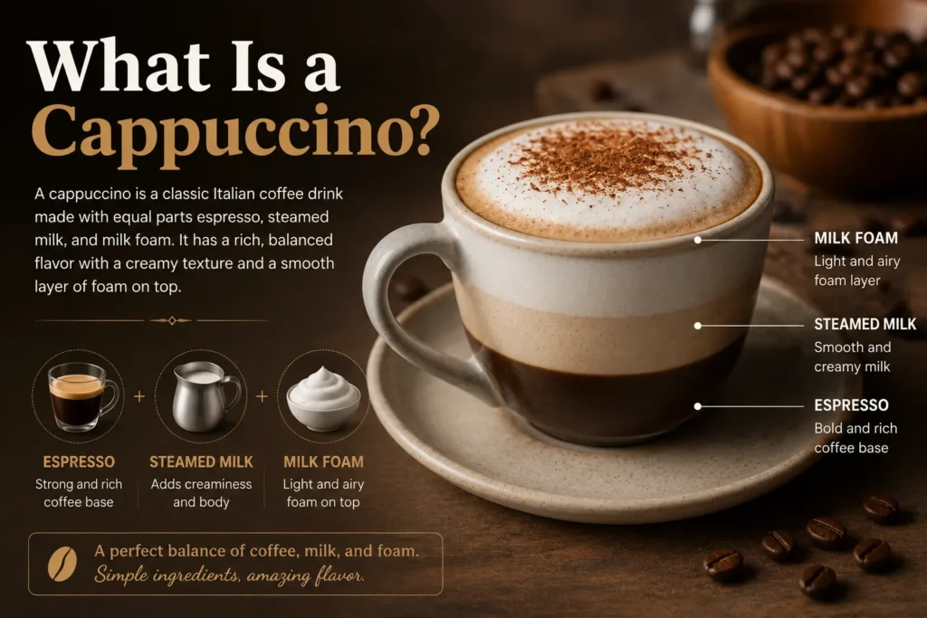 What Is a Cappuccino? Espresso, steamed milk, and milk foam